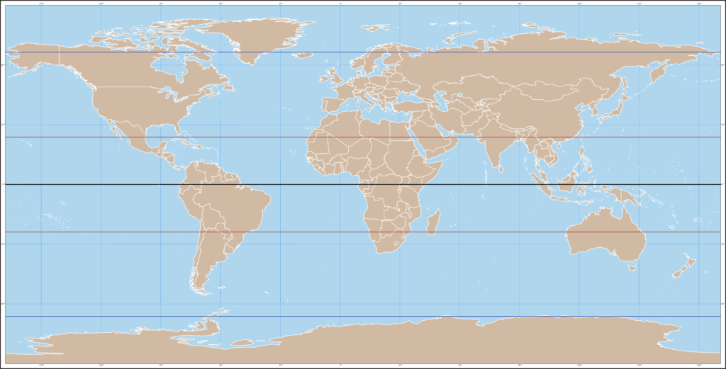 Weltkarte - Äquator, Wendekreise und Polarkreise